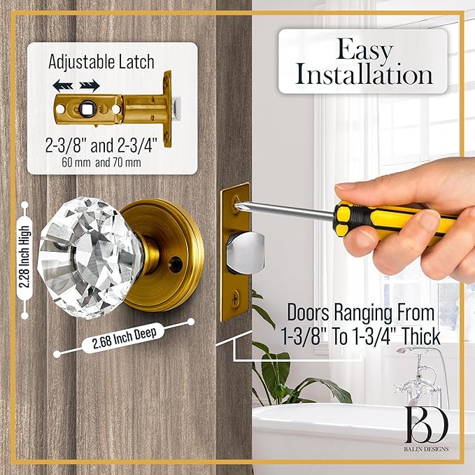 Gold Crystal Door Knob, Glass Door Knobs Interior Non-Locking Set, Brass Antique Decorative Vintage Style for Hallway, Closet, Passage Doors, 1 Pack