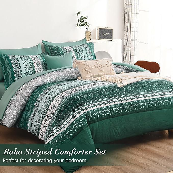 Cottolester Boho Comforter Set King Size,8 Pieces Teal Green Bohemian Striped Bed in a Bag,Paisley Soft Microfiber Bedding Comforter Set