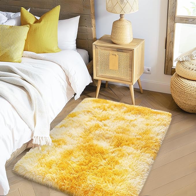 Xexsin Small Rugs for Bedroom, Fuzzy Throw Rug for Living Room Dorm, Soft Fluffy Bedroom Rug, Non Slip Shag Rugs, Modern Indoor Home Decor Aesthetic, 2x3 Feet, Tie-Dyed Yellow