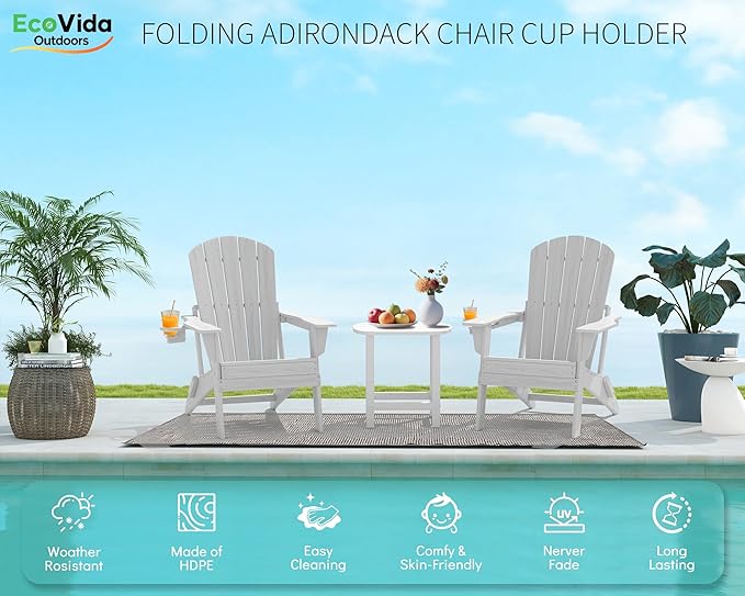 3-Piece Folding Adirondack Chair Set - 38" Extra Tall Back & Embossed Wood Grain, Oversized HDPE Patio Furniture with Side Table & Cup Holders, 380lb Heavy Duty, White