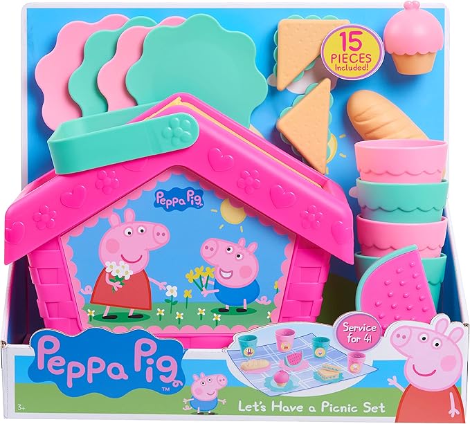 Just Play Peppa Pig Let's Have a Picnic Set, Travel Toy with Handle Includes 4 Settings and Play Food, 15-Pieces, Kids Toys for Ages 3 Up