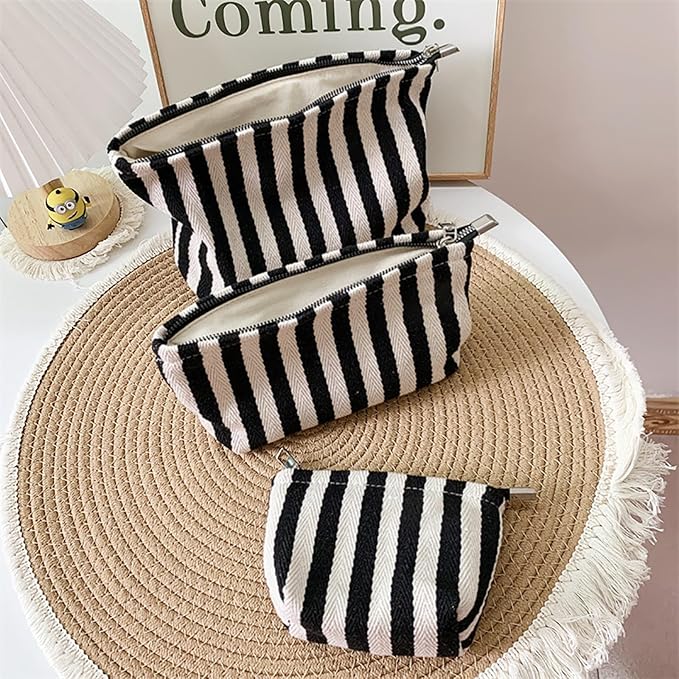 HAPPYHEIDI Large Stripe Makeup Bag Cosmetic Toiletry Travel Pouch, Purse Organizer, Canvas Lined, Black White, Large