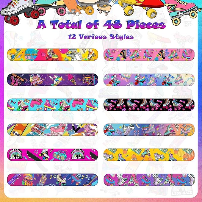 48PCS Roller Skate Party Favors Slap Bracelets, Roller Skate Wristbands Bracelets Goodie Bag Fillers Throwback 90s Roller Skating Hip Hop Birthday Decorations Supplies for Kids Adults