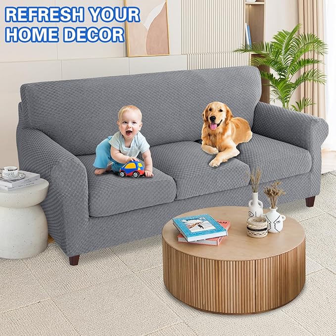 MAXIJIN 4 Piece Couch Covers for 3 Cushion Couch Super Stretch Non Slip Couch Cover for Dogs Pet Friendly Elastic Jacquard Furniture Protector Sofa Slipcovers (Sofa, Light Gray)