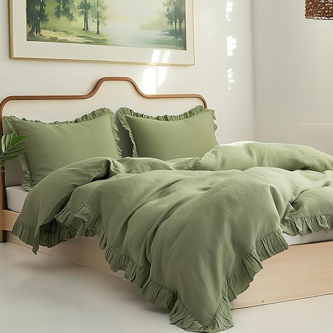 Simple&Opulence 100% Linen Duvet Cover Set, 3 PCS Natural French Flax Sage Green Ruffle Duvet Cover Queen Size, Breathable Comfy Linen Bedding Comforter Cover with 2 Pillowcases(Sage Green, 88" X 92")