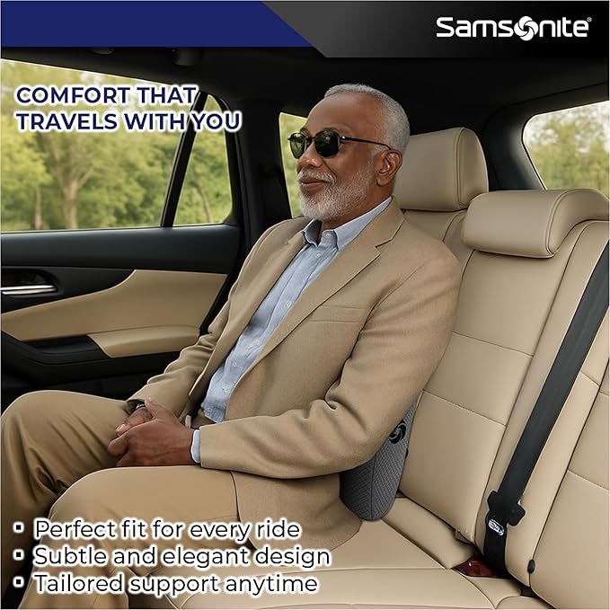 Samsonite Ergonomic Lumbar Pillow for Office Chair and Car Seat - Memory Foam Back Support Lumbar Pillow, Premium Cushion Chair Support for Lower Back Pain Relief and Versatile Use (Grey)