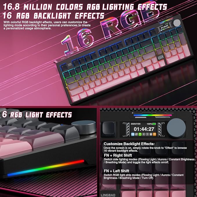 LINGBAO K98 PRO Mechanical Keyboard Wireless, with Screen & Knob,RGB Gaming Keyboard, Tri-Mode BT5.0/2.4GHz/USB-C, Gasket Mount Hot-Swappable Linear Switches Gamer Keyboards for PC/Mac/Linux/Android