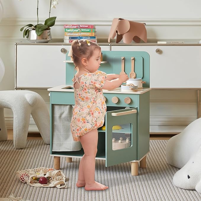 Giant bean Play Kitchen, Nordic Wooden Kitchen Playset Toy for Kids with Cookware Accessories, Pretend Play Cooking Food Set for 3+ Year Old Toddler Boys Girls