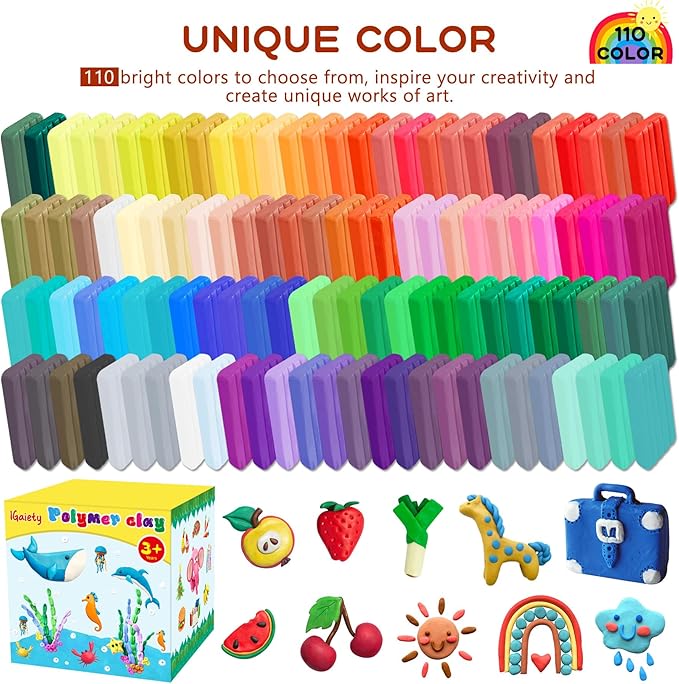 IGaiety Polymer Clay 110 Colors Oven Bake Clay Kit DIY Baking Clay Modeling Craft Clay with Sculpting Tools and Accessories 245 Pcs Non-Toxic Ideal Gift for Beginner Adults Kids Jewelry Making