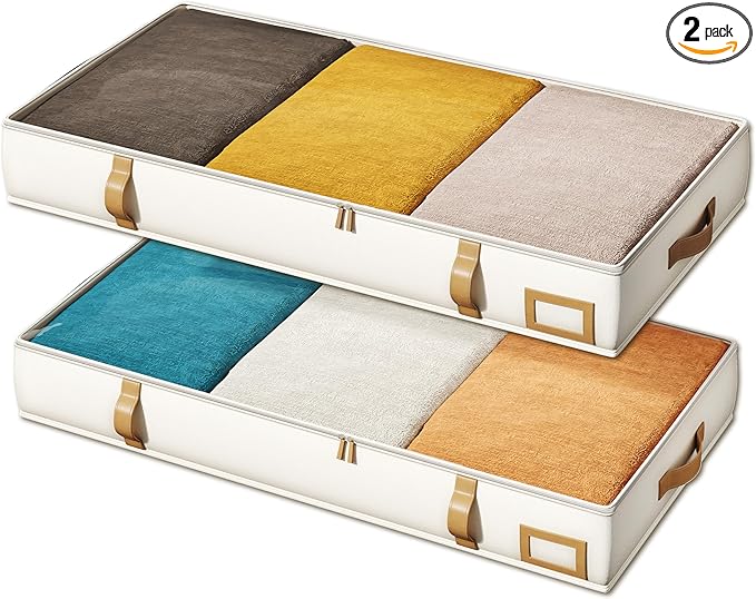 Vailando Under Bed Storage Containers, 6 Inches Tall 60L Underbed Storage Bins with Leather Handles and Sidewalls, Closet Organizer for Clothes, Blankets, Seasonal Items, Beige with Brown, 2-Pack