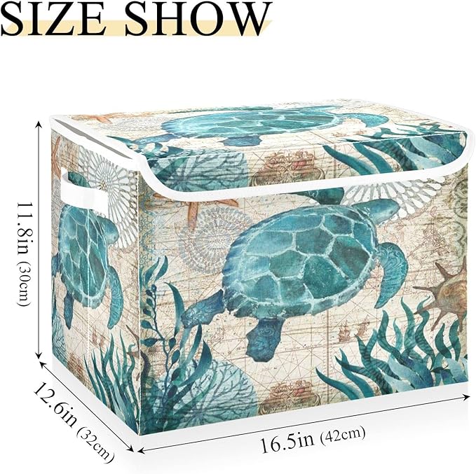 senya Large Storage Bins with Linen Collapsible Foldable Storage Cubes Fabric Closet Organizer Containers box with Flip-Top Lid for Home Bedroom Office 16.7 x 12.6 x 11.8in (Sea Turtle)