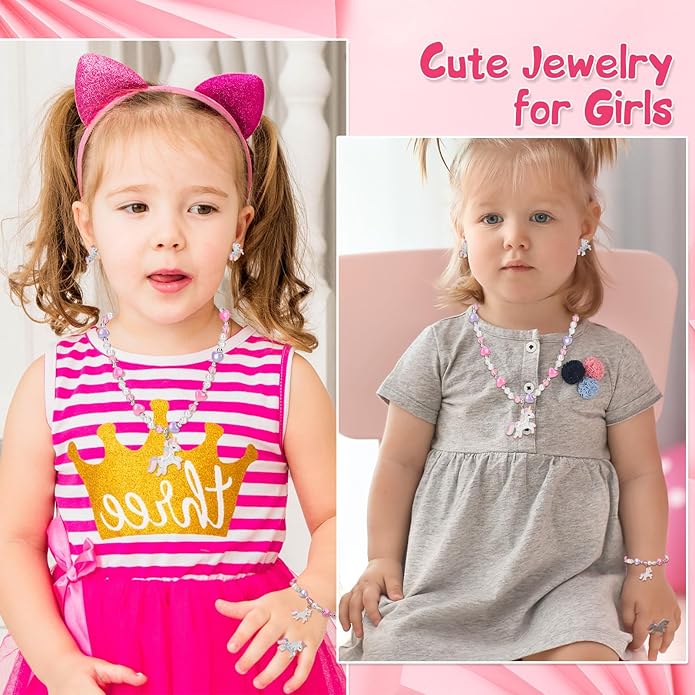 Girls Play Necklace and Bracelets Ring Clip on Earrings Toddler Unicorn Jewelry Kids Little Girls Unicorn Necklace Set Charm Bling Bling Unicorn Pendants Party Favors Toddlers Colorful Dress up Jewelry Gifts-AA002