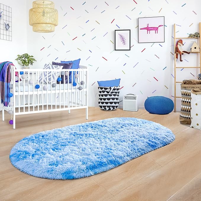 Noahas Oval Fluffy Blue Rainbow Rug 2.6X5.3 Small Kids Rugs for Bedroom Girls And Boys Aesthetic,Bedside Bedroom Rug,Ultra Soft Runner Carpet Modern Shaggy Nursery Area Rugs Home D飯r