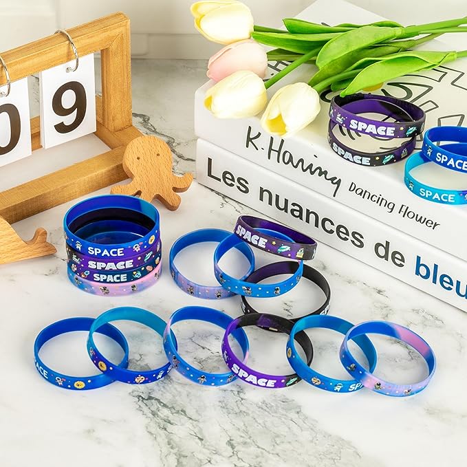 Lesnala 48PCS Outer Space Party Silicone Bracelets Astronaut Rubber Wristband Bulk Galaxy Stars Themed Party Favors for Planet Universe Birthday Decorations Supplies 4 Styles