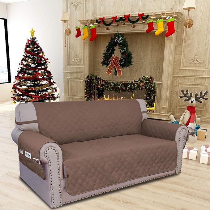 Easy-Going Sofa Slipcover Loveseat Cover Waterproof Couch Cover Washable Sofa Cover for 2 Cushion Couch Non-Slip Fabric Furniture Protector with Pocket for Pets Kids Dog Cat (Loveseat, Brown)