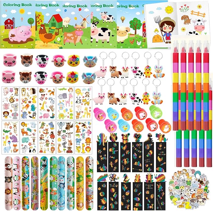 146Pcs Farm Animals Coloring Books with Crayons Bulk Party Favors for Toddlers Kids 3-5 4-8 Tattoo Stickers Stamper Slap Bracelets School Classroom Reward Gift Goodie Bags Birthday Supplies