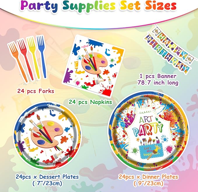 Art Party Kit for 24 Guests - 97 Pcs Including Plates, Forks, Napkins, Bunting - Unleash Imagination with Colorful Artist's Tableware