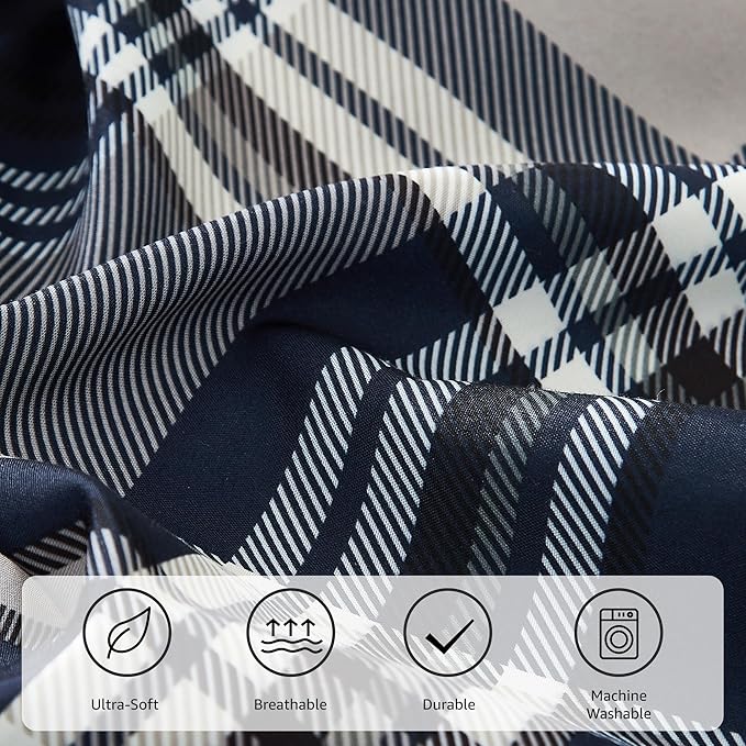 MaiRêve Full Size Comforter Set Navy Blue, Plaid Design Comforter Set 7 Pieces, All Season Comfortable Bedding Sets Full, Lightweight, Soft and Warm (Navy Blue, Full)