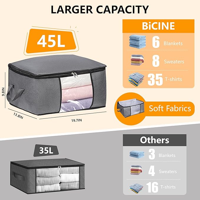6 Pack Clothes Storage Bags with Zipper, Foldable Blanket Storage Box with Clear Window Reinforced Handles for Closet, Dorm, Pillows, Bedding, Sheet, Comforter, 45L Gray