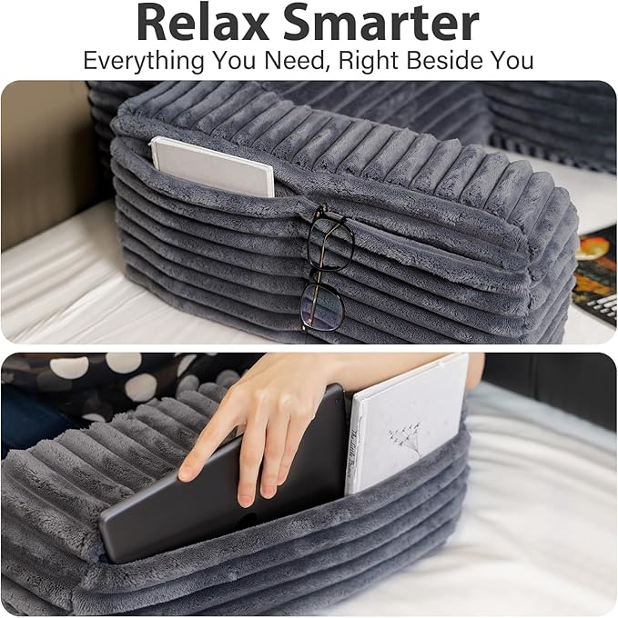 ENITYA Reading Pillow for Sitting in Bed Adult, 24in XXL Back Pillow for Bed Sitting up, Big Pockets & Built-in Arms, Back Support Chair Pillow for Watching TV/Reading/Gaming/Resting/Post Surgery,Grey