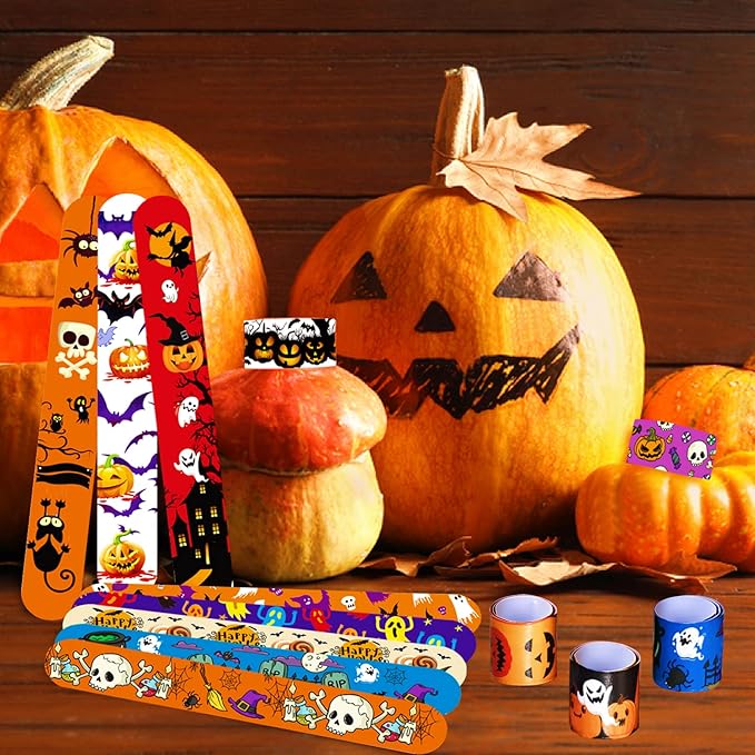 Halloween Slap Bracelets for Kids, 100 Halloween Bracelet Toys Bulk For Kids Girls Boys, Trick or Treat Party Favors, Exchanging Gifts, Classroom Prizes, Halloween Party Gift Treat Bag Filler Supply