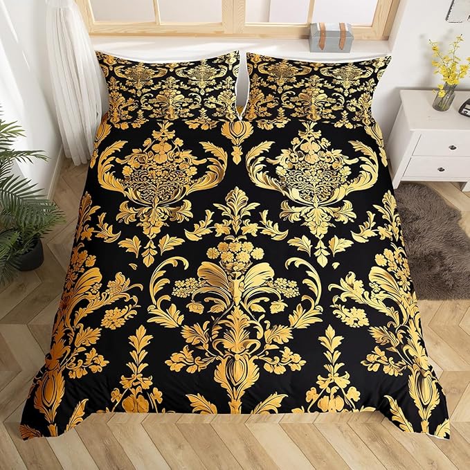 Feelyou Gold Black Vintage Floral Bedding Set King Size Gothic Bohemia Boho Flower Duvet Cover Set for Kids Adult Oriental Antique Comforter Cover Luxury Quilt Cover for Bedroom Decor,No Comforter