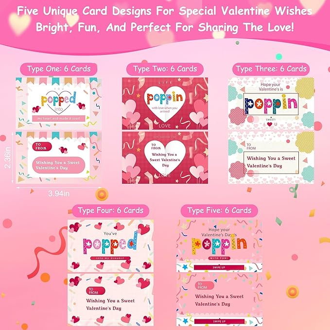 30 Pcs Valentines Day Gifts for Kids Heart Pop It Fidget Keychain Toys with Valentine's Cards for Classroom Exchange, Party Favors, Goody Bag Fillers, and Valentine's Day Party Supplies