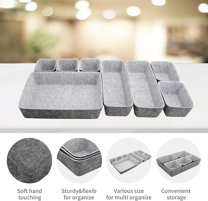 8pcs Drawer Organizers, Separators, Storage Box,Felt Storage Bins Inserts Tool Containers Toy Basket Shelf Cubes Foldable Drawer Dividers Desk Organisers -Grey Matching
