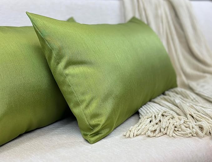 Aiking Home 12x24 Inches Faux Silk Rectangular Throw Pillow Cover, Zipper Closure, Green (Set of 2)
