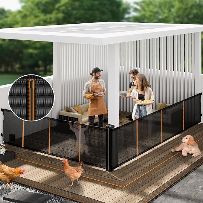 2-in-1 Retractable Baby Gates, 41" Tall Mesh Dog Gate with Cat Door 2-Pack, One Side Up to 200" Wide, Total 400" Wide, Long Retractable Pet Gate for Yard Swimming Pool Garage Indoor Outdoor-Black