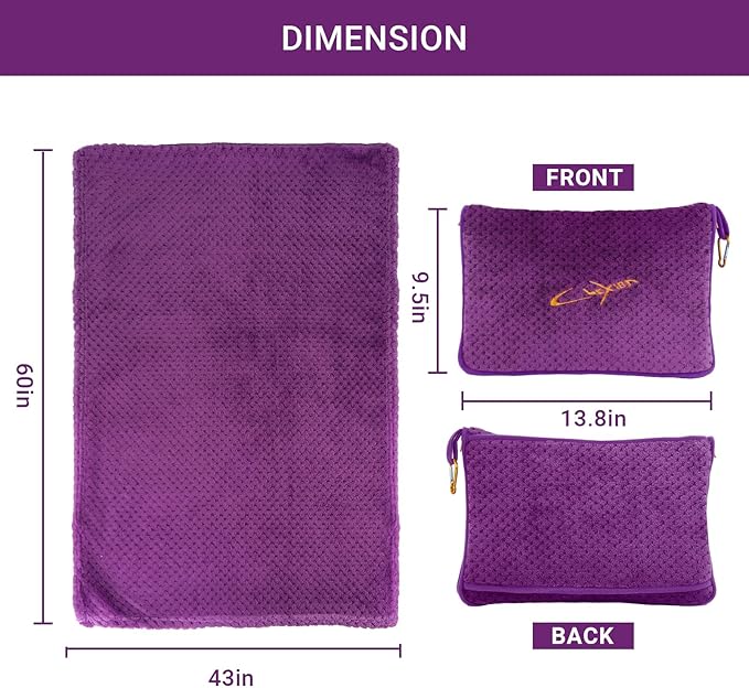 CLEXION Travel Blanket Pillow-Premium Soft 2 in 1 Airplane Blanket for Long Trips Essentials with Bag Pillowcase, Hand Luggage Sleeve and Backpack Clip (Violet)