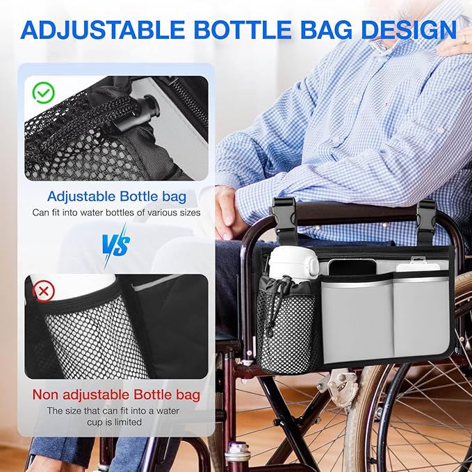 Wheelchair Bag, Walker Bag, Armrest Organizer Pouch with Cup Holder Attachment and Reflective Strip, Accessories for Most Wheelchairs, Walkers, Rollators (Grey)