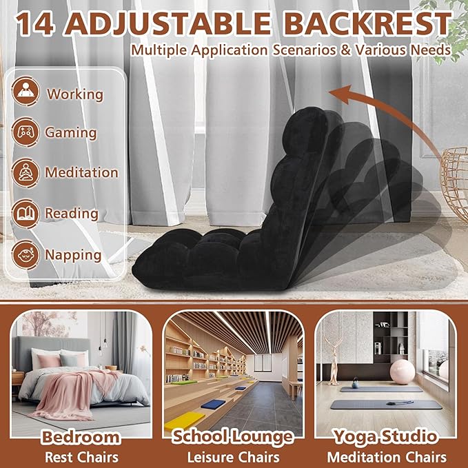Folding Floor Chair 14-Position Cushioned Adjustable Floor Lazy Sofa Chair w/Breathable Cotton & Skin-Friendly Flannel for Adults & Kids Ideal for Reading Meditating, Black