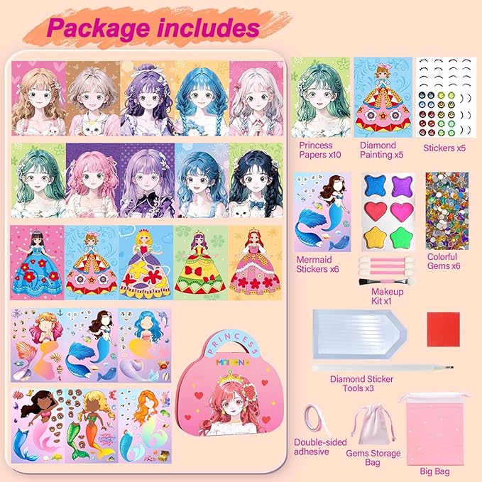 4-in-1 Dress Up Game Set, Princess Fantasy Makeup, Fashion Dress-Up Stickers, Mermaid Stickers & Diamond Painting, Creative Paper Art Craft Kits Toys, Ideal Birthday Gift for Girls Ages 4 5 6 7 8 9+