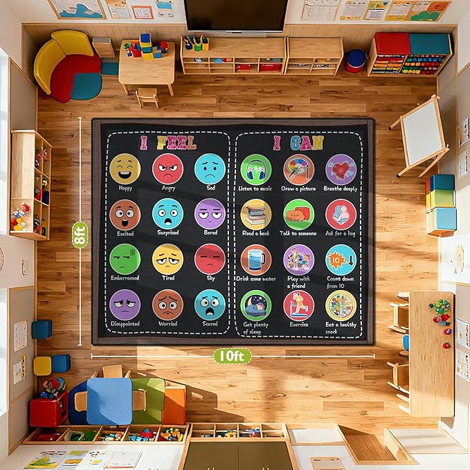 Large Classroom Rug Elementary 8x10ft for Playroom, Educational Smiley Face Kids Play Mat, Calming Corner Sensory Emotion Feelings Rug for Kidroom Nursery Bedroom, Non-Slip Washable(Black)