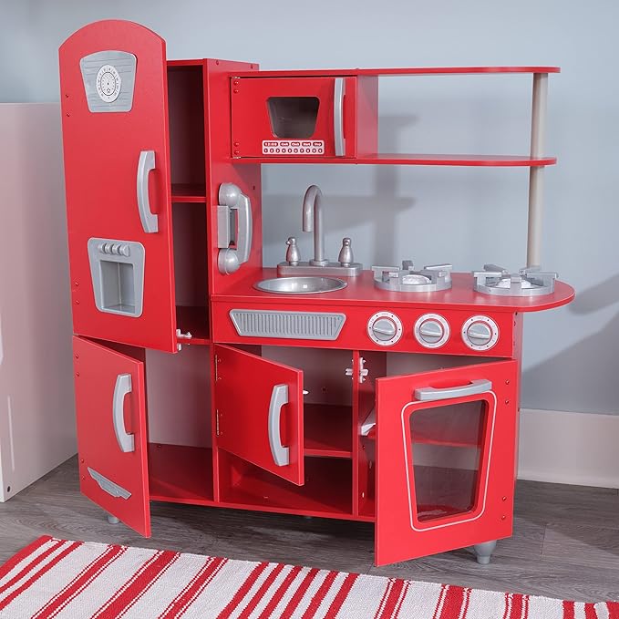 KidKraft Red Vintage Wooden Play Kitchen with Stainless Steel-Look Trim, Play Phone