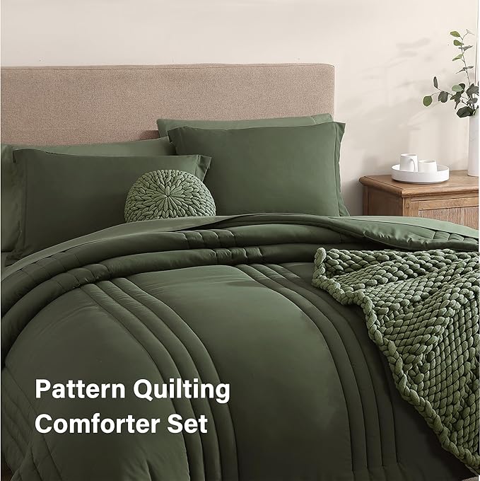 Monbix Oversized King Size Comforter Set - 7 Pieces Olive Green Bed in a Bag Oversized King Bedding Sets with Comforters, All Seasons Comforter Bed Set with Sheets, Pillowcases & Shams