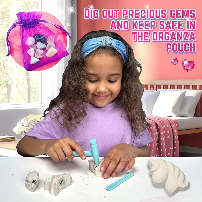 GirlZone Unicorn Gemstones Discovery Dig Kit, 13 Gemstone Dig with Slime and Precious Gems, Gift-Ready DIY Bracelet Kit, STEM Craft for Kids Age 12-14, Perfect for Valentine Gifts