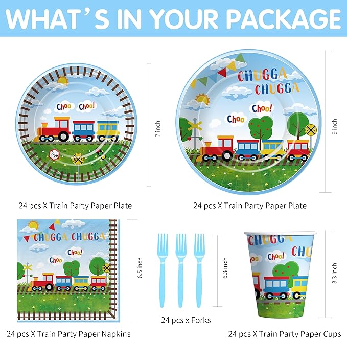Train Birthday Plates And Napkins Party Supplies Dinnerware, Train Birthday Decorations, Plate, Cup, Napkin, Fork, Train Theme Chugga Choo Party Supplies For 1st 2nd 3rd Birthday | 24 Guests
