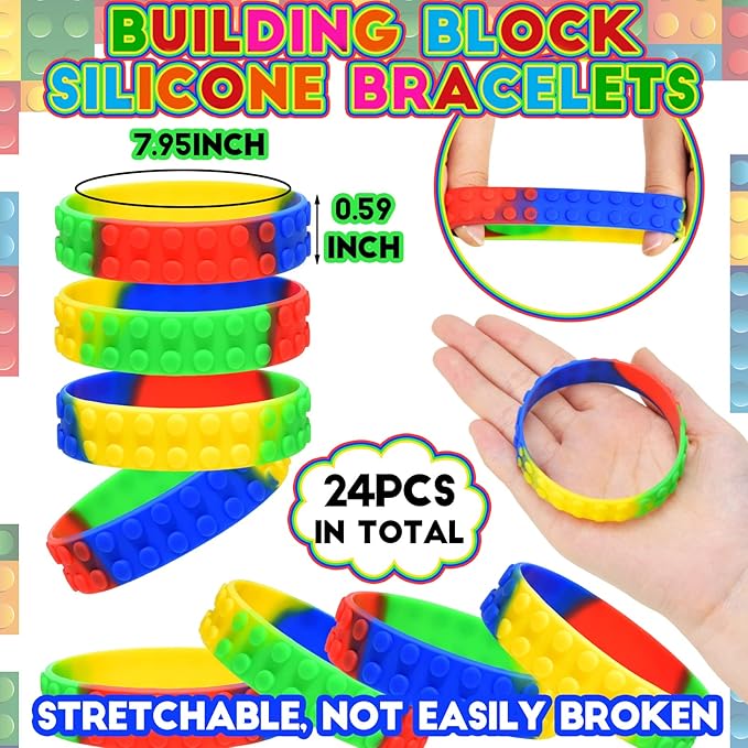 Civaner 48 Pieces Building Blocks Party Favors Building Block Slap Bracelets Silicone Wristband Color Brick Party Slap Bracelet Building Blocks Bracelets for Colorful Birthday Party Favors