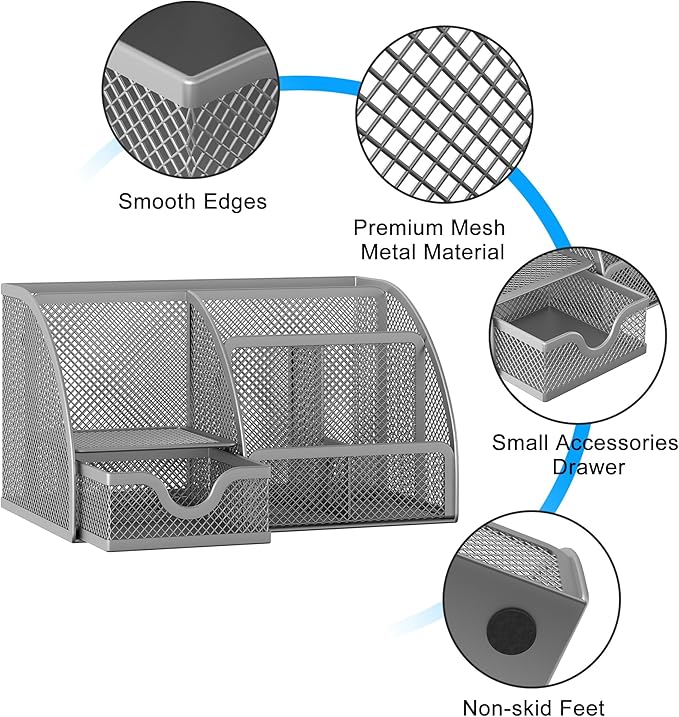 EasyPAG Mesh Desk Organizer with Drawer Multi-functional Pen Holder Stationery Organizer for Office School Supplies 6 Compartments Dorm Organizers and Storage for Desk, Silver