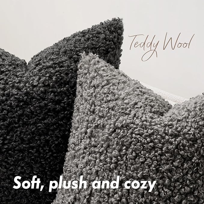 Woaboy Faux Fur Throw Pillow Covers 18x18 Inch Set of 2 Boucle Neutral Decorative Sherpa Fuzzy Accent Soft Sheepskin Fleece Cushions Modern Home Decor for Couch Sofa Bedroom Living Room,Gray