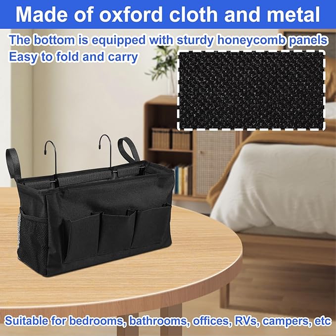 2Pcs Bedside Caddy Oxford Cloth Bedside Storage Organizer Large Capacity Hanging Storage Bag with Metal Hook Adjustable Strap Foldable Bedside Organizer