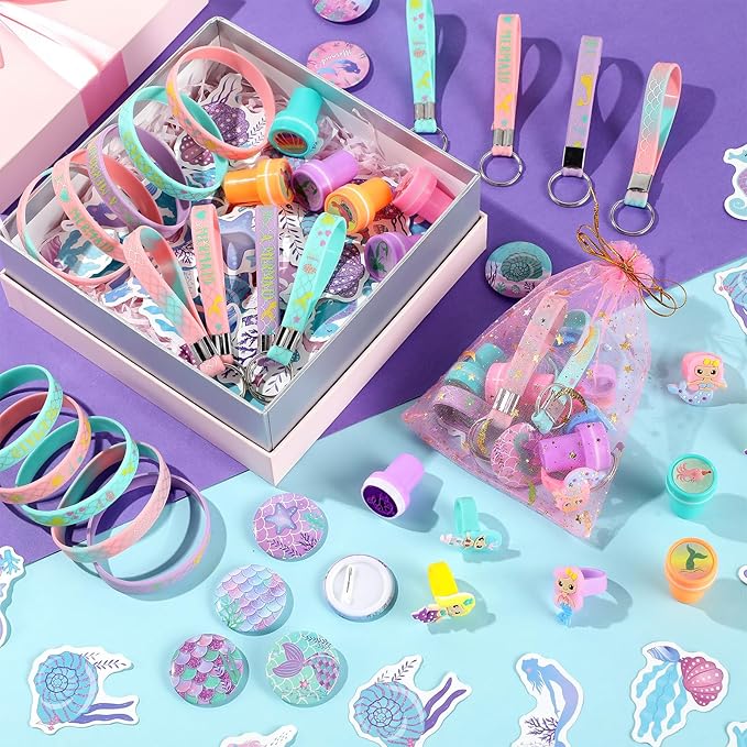 Capoda 122 Pcs Mermaid Party Favors for Girls Mermaid Theme Bracelets Keychains Pin Badges Stampers Rings Stickers Organza Bags for Piñata Stuffers Goodie Bag Fillers Birthday Decorations Supplies