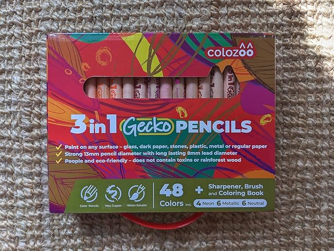 Gecko 3-in-1 Kids' Pencil Set | 48 Coloring Pencils with 2 Brushes, Sharpener, and Book for Ages 3 and Up | Ideal for Drawing, Pencil-Crayons, and Sets for Children