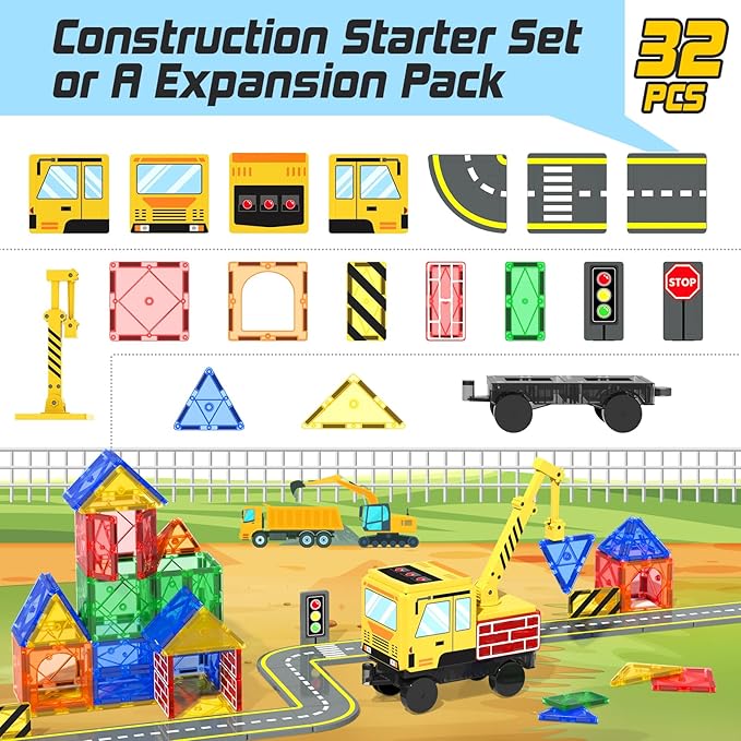 Magnetic Tiles Construction Toys with Crane Road Pieces Truck Magnetic Blocks STEM Building Sensory Toys for Kids 3 4 5 6 7 8 Year Old Boys Birthday Xmas Gifts