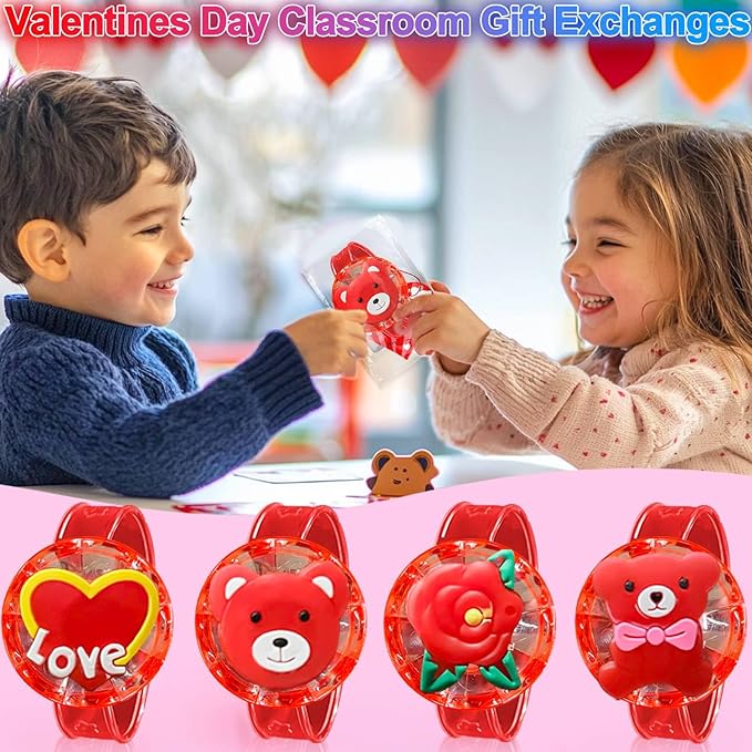 AMENON 24 Pack Valentines LED Bracelets Valentine Gifts Toys Party Favor for Kids Valentine Day Cards Heart with Flashing Light Up Bracelets Glow in the Dark for Valentine Classroom School
