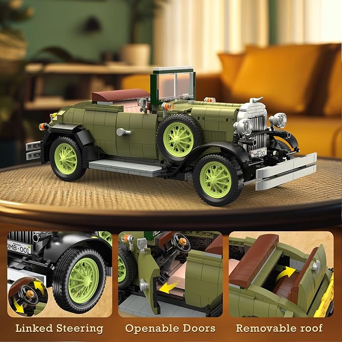 NUTCRACKER Retro Car Model Building Set for Adult, Vintage Classic Car Toy Building Set, Vintage Vehicle with Car Light Home Desktop Display Model, Birthday for Men Teens（1297Pieces