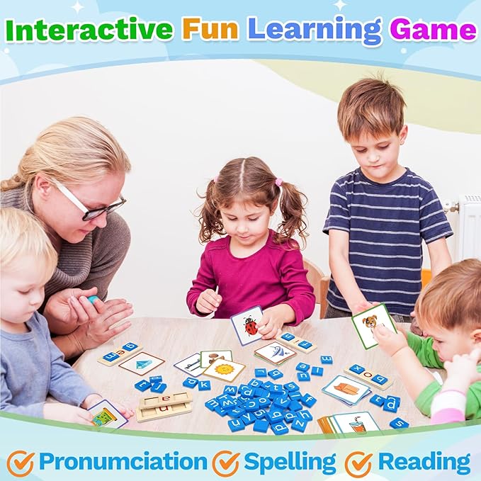 Wooden CVC Word Spelling Games, Sight Words Flash Cards Reading Letters for Beginner Preschool Learning Activities Montessori Educational Toy Gift for 3 4 5 6 Year Old Kids