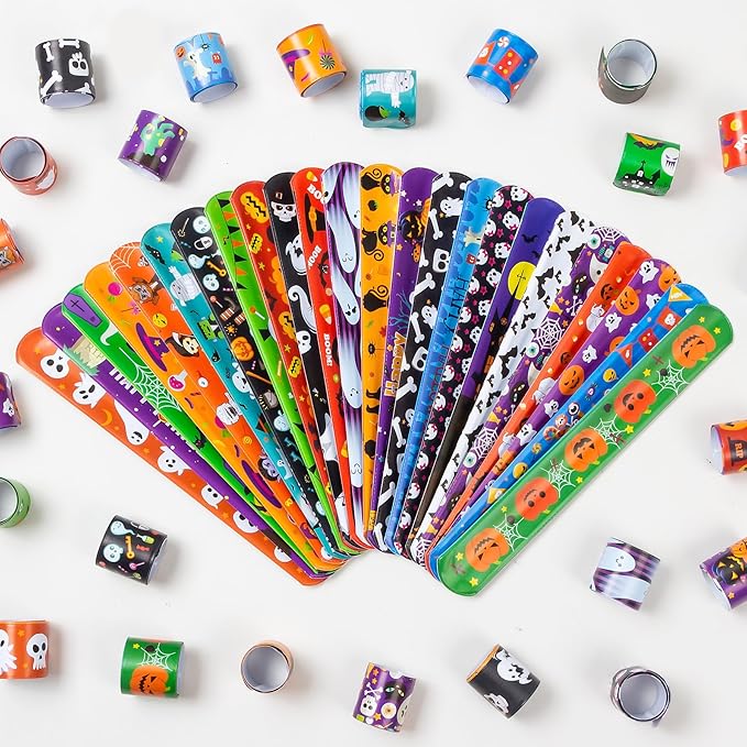 Halloween Slap Bracelet for Kids - 48 Pieces, 24 Colorful Styles, Bulk Halloween Slap Wristbands for Kids Party Favors, Toys Prizes & Goodie Bags Fillers